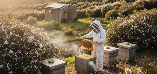 New Zealand beekeeper harvesting Manuka honey from hives.