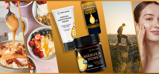 Melora Manuka Honey products with a themed home-use background