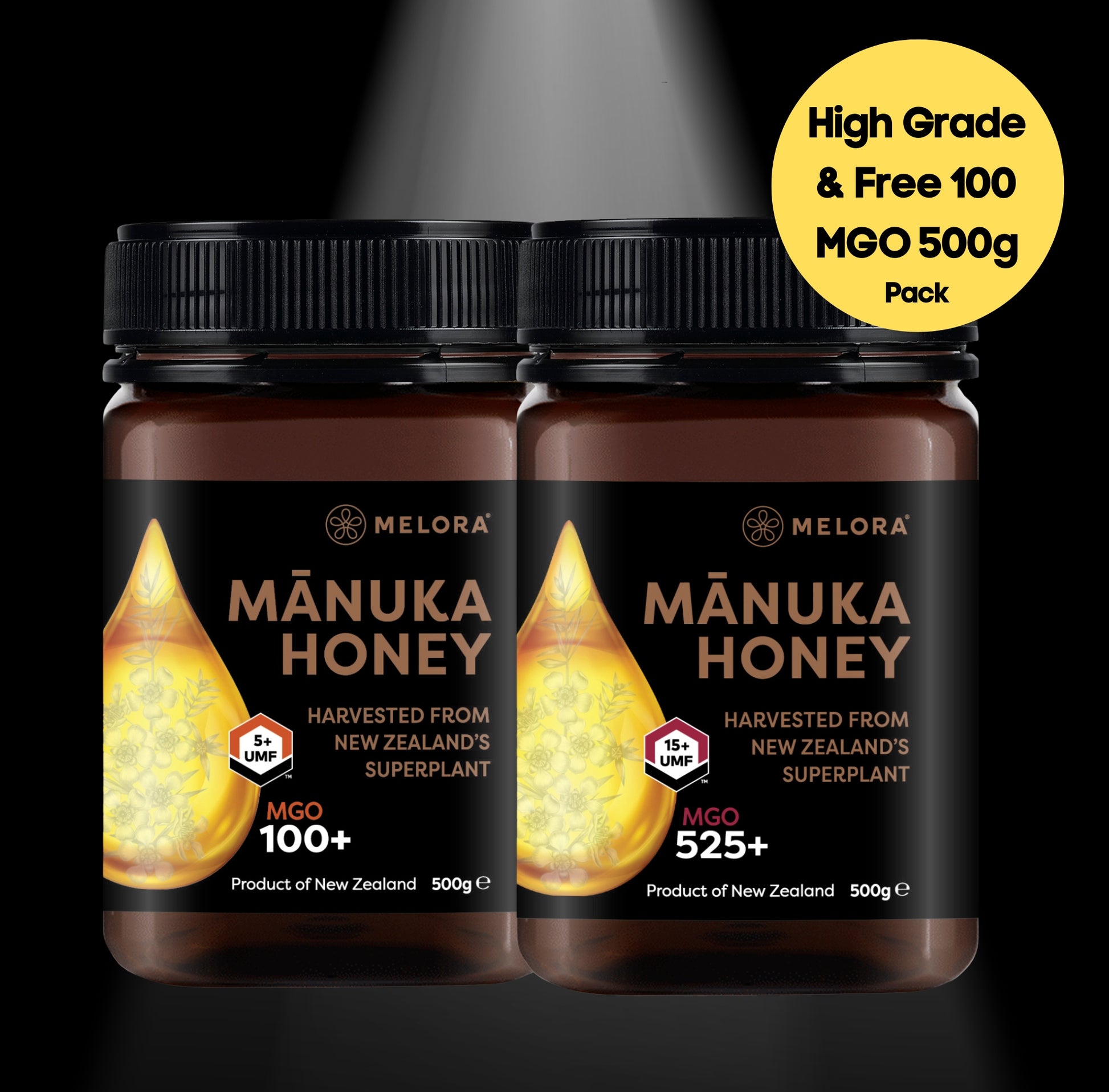 High Grade Mānuka 525+ 500g Pack & FREE Everyday Mānuka Honey 100+ MGO 500g - Melora UK