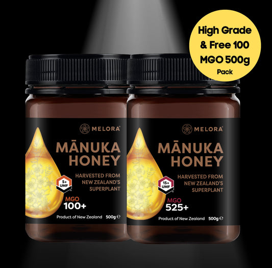 High Grade Mānuka 525+ 500g Pack & FREE Everyday Mānuka Honey 100+ MGO 500g - Melora UK
