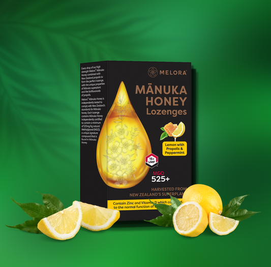 NEW - Manuka Honey 525 MGO, Propolis, Lemon and Peppermint Lozenges - Melora