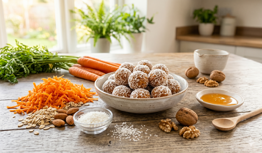 A wide, sunlit photograph of 'Fit Carrot Bites,' multiple coconut-coated energy balls made from carrots, oats, and almonds, arranged on a rustic linen cloth on a weathered oak table.