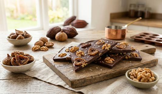 Dark chocolate shards filled with walnuts and figs, sprinkled with sea salt