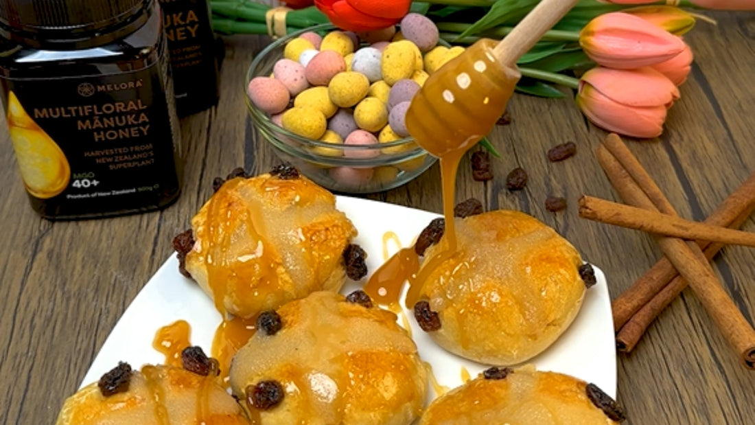 Honey-Soaked Hot Cross Buns with Melora 40MGO Manuka Honey