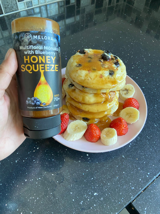 Treat the Kids to Delectable Blueberry Pancakes with a Touch of Squeezy Manuka & Blueberry Honey!