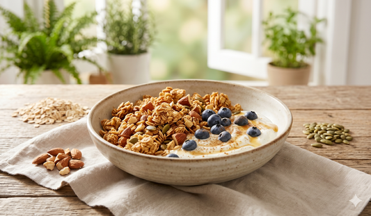 A wide, sunlit photograph of a rustic ceramic bowl filled with thick Greek yogurt and topped with golden-brown homemade granola clusters, made from oats, almonds, and pumpkin seeds, and fresh blueberries