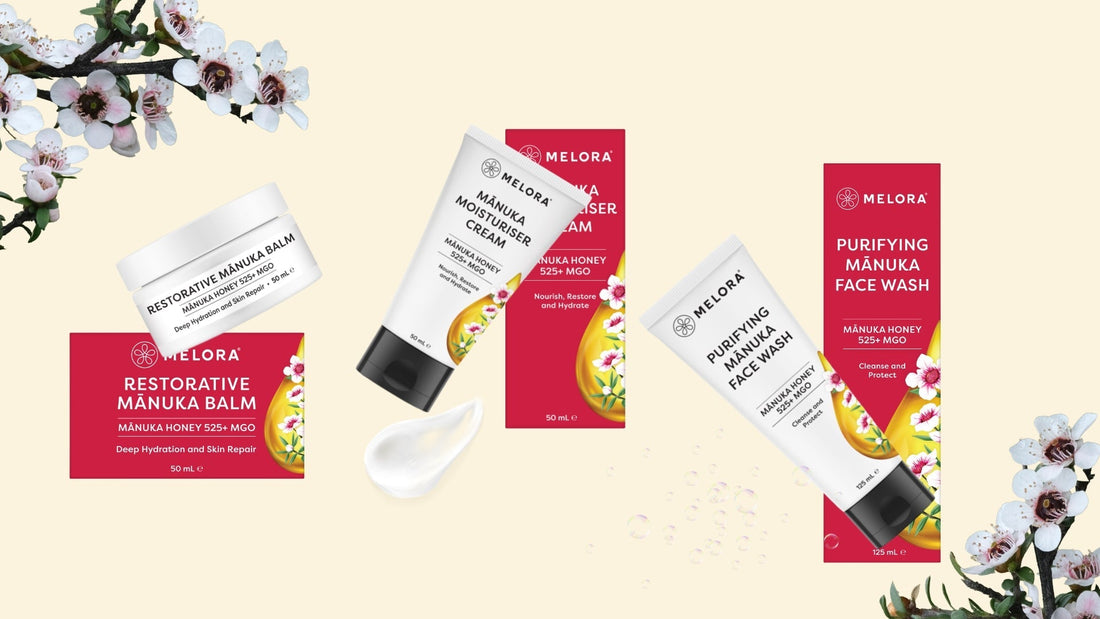 Melora Mānuka Honey skincare set with face wash, moisturizer, and balm.