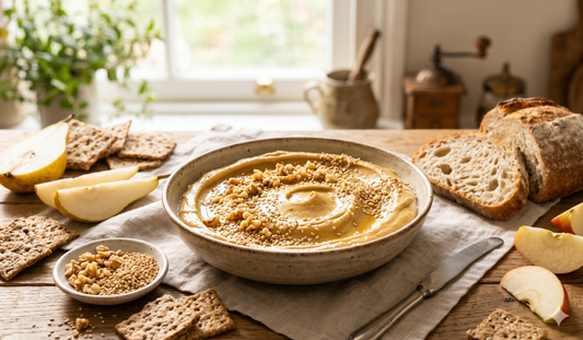 A wide, sunlit photograph of a rustic ceramic bowl filled with creamy, golden Sahine spread.