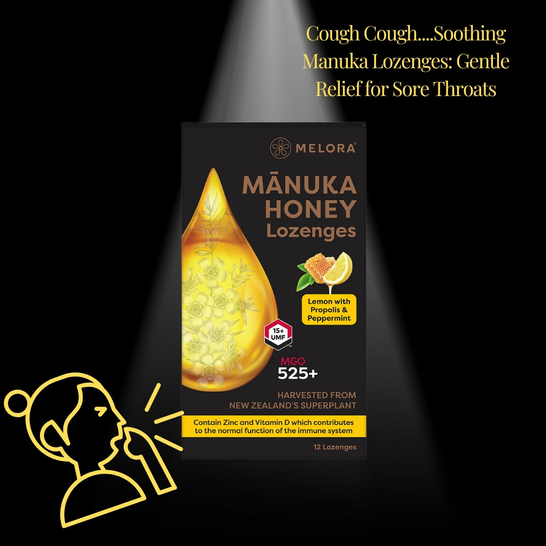 Manuka Honey Lozenges graphic - relief for sore throats 