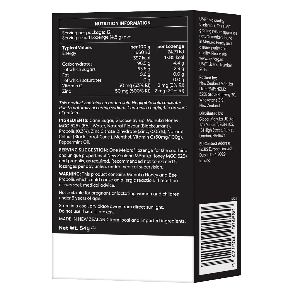 Manuka Honey 525 MGO, Propolis, Blackcurrant and Peppermint Lozenges - Melora UK