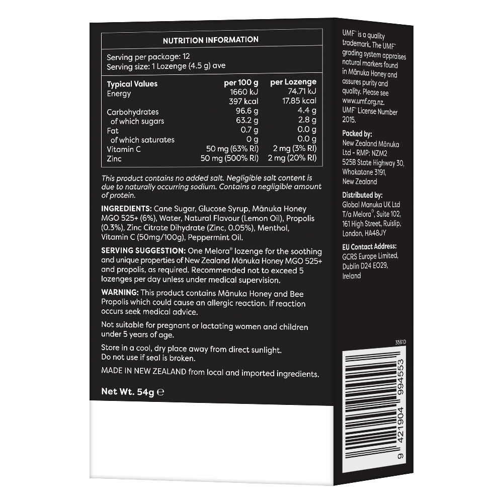 Manuka Honey 525 MGO, Propolis, Lemon and Peppermint Lozenges - Melora UK