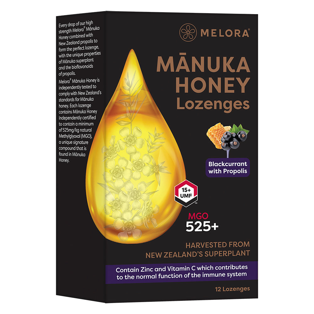 NEW - Manuka Honey 525 MGO, Propolis, Blackcurrant and Peppermint Lozenges - Melora