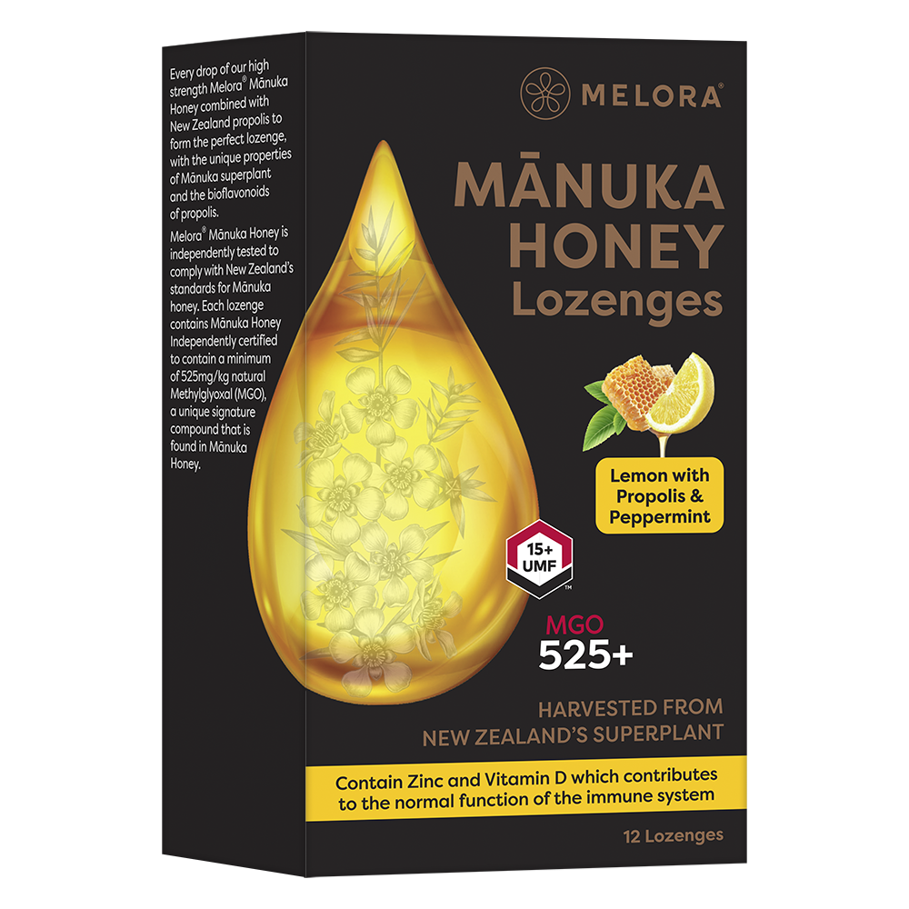 NEW - Manuka Honey 525 MGO, Propolis, Lemon and Peppermint Lozenges - Melora