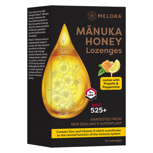 NEW - Manuka Honey 525 MGO, Propolis, Lemon and Peppermint Lozenges - Melora