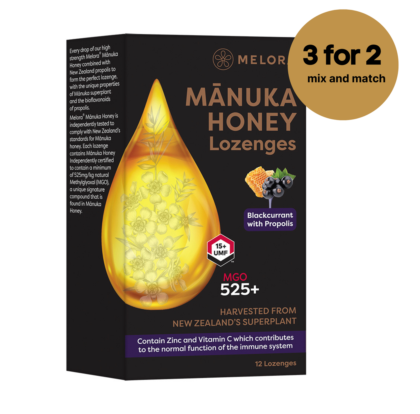 NEW - Manuka Honey 525 MGO, Propolis, Blackcurrant and Peppermint Lozenges - Melora