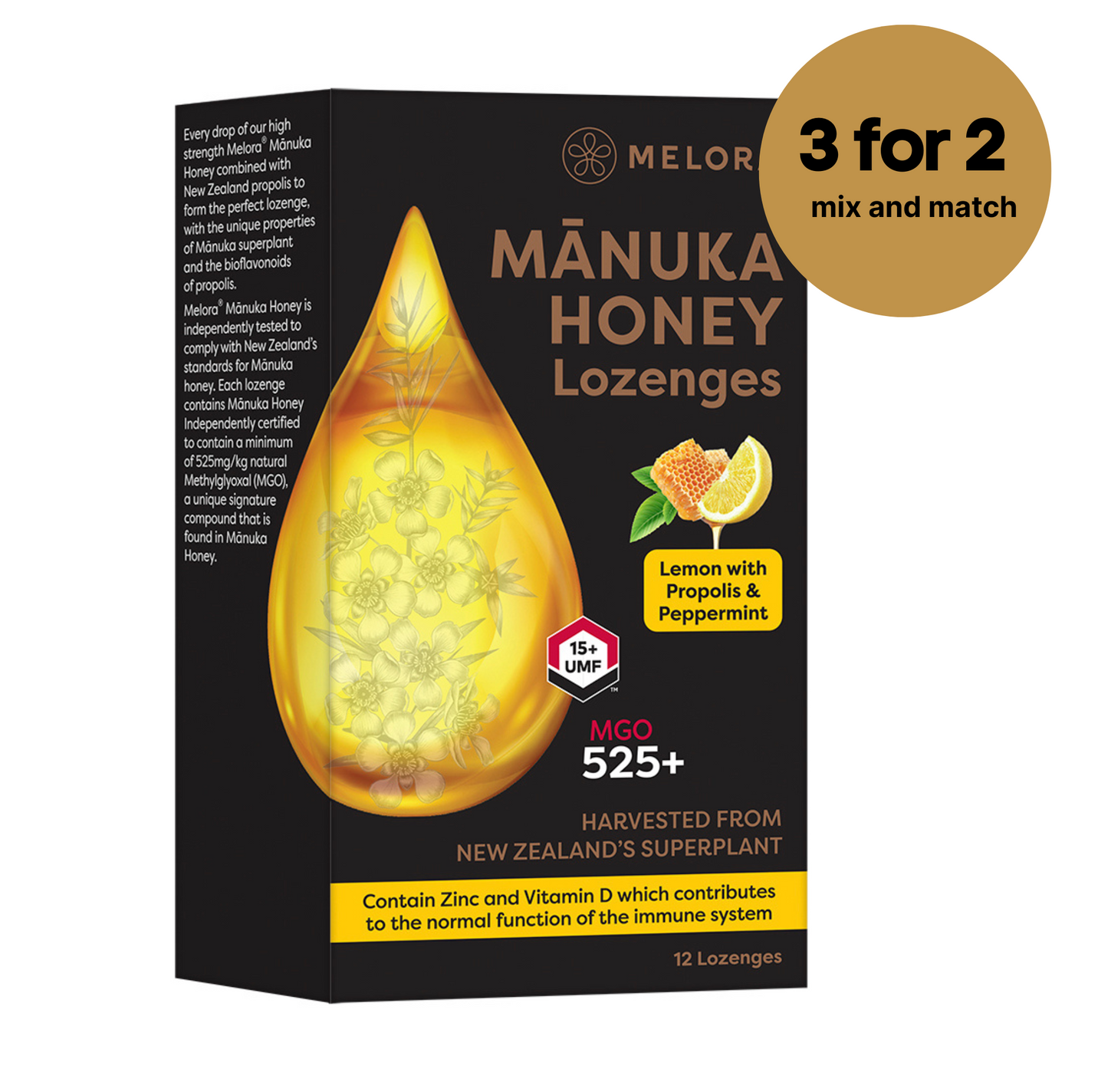 NEW - Manuka Honey 525 MGO, Propolis, Lemon and Peppermint Lozenges - Melora