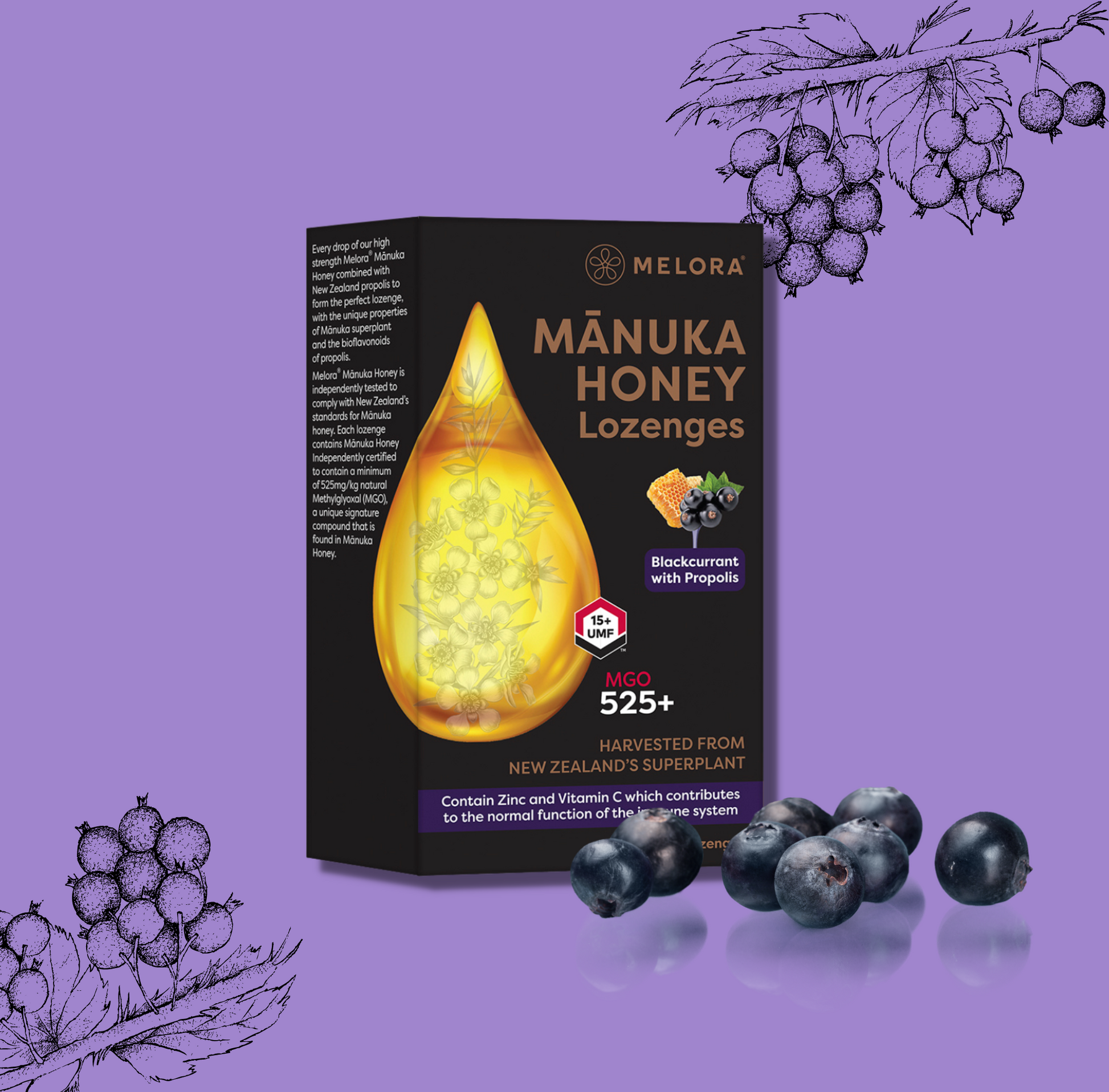 NEW - Manuka Honey 525 MGO, Propolis, Blackcurrant and Peppermint Lozenges - Melora